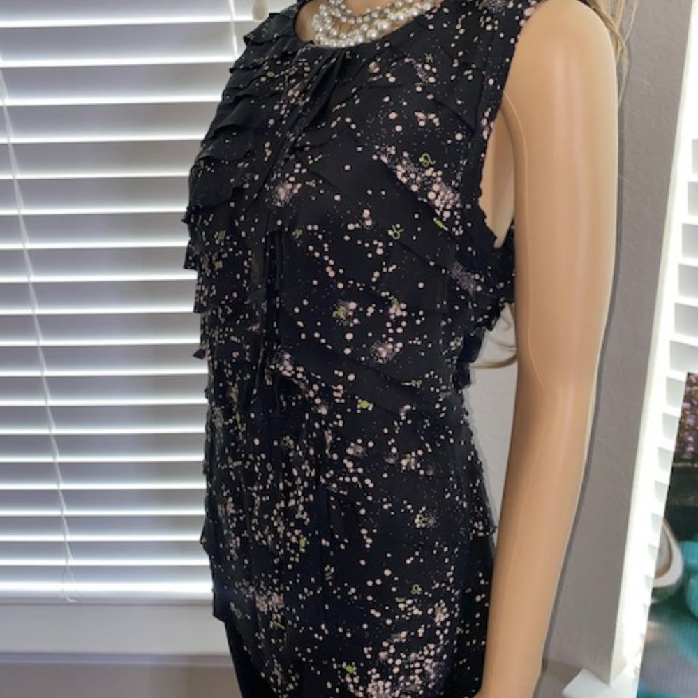 New! Tory Burch Silk Layered Ruffled Lea Black Stars Top Blouse Sz 12 - Picture 5 of 7